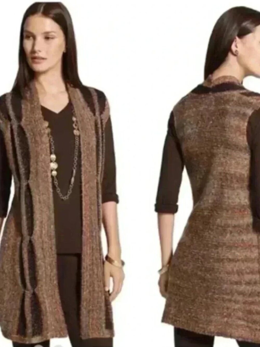 Chico's Brown Knit Sleeveless Cardigan Vest Metallic Design Open Front Sz 2 (12)